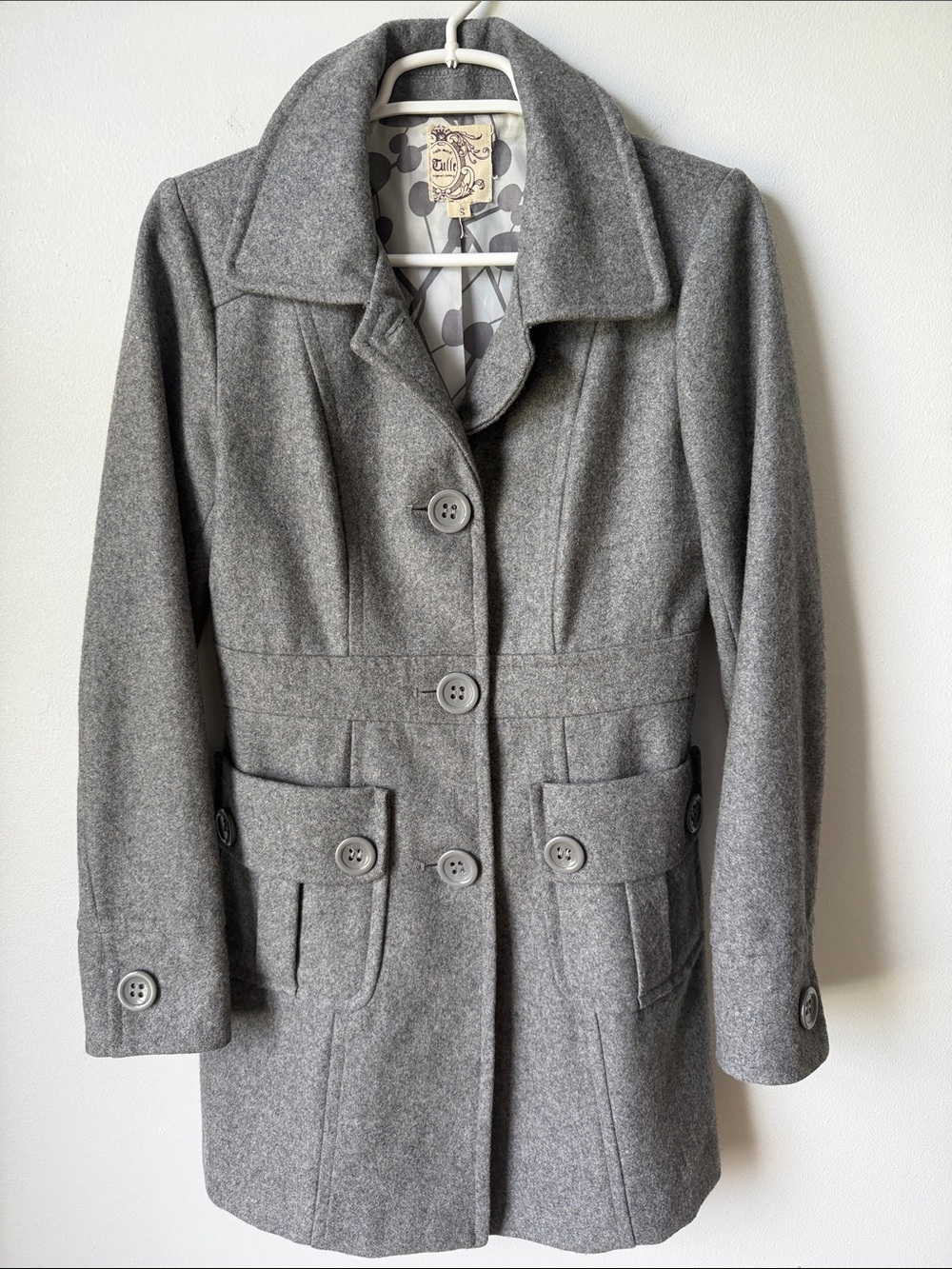 Tulle Gray Wool-Blend Pea Coat Sz S